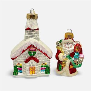 VTG Unique Treasures Blown Glass Christmas Ornaments Santa Church/House Set of 2